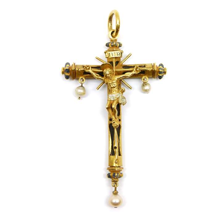 17th century enamelled gold, pearl and wood reliquary Crucifix pendant